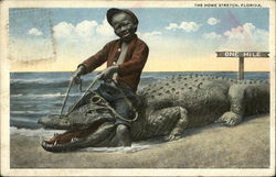 "The Home Stretch" - Black Child Riding Alligator Florida Postcard Postcard Postcard