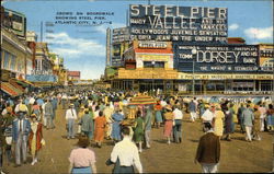 Crowd on Boardwalk showing Steel Pier Postcard