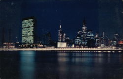 United Nations and New York City Skyline by Night from Welfare Island Postcard Postcard Postcard