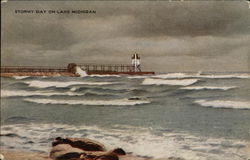 Stormy Day on Lake Michigan Lighthouses Postcard Postcard Postcard