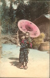 Japanese Children with Pink Parasol Postcard