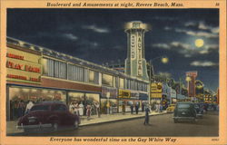 Boulevard and Amusements at Night Revere Beach, MA Postcard Postcard Postcard