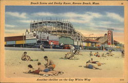 Beach Scene and Derby Racer - Another Thriller on the Gay White Way Revere Beach, MA Postcard Postcard Postcard