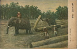 Elephants and Workers Moving Logs Postcard