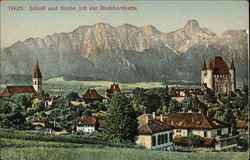 Schloss und Kirche Mit der Stockhornkette Thun, Switzerland Postcard Postcard