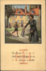 French Boy Scout Helping an Old Woman Postcard