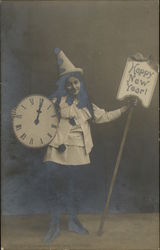 Happy New Year! - Girl dressed as Clown, holding Clock & Sign Postcard