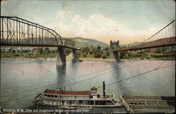 Street and Suspension Bridge over the Ohio River Wheeling, WV Postcard Postcard Postcard