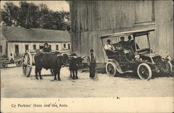 Cy Perkins' Oxen and the Auto - Renault Postcard