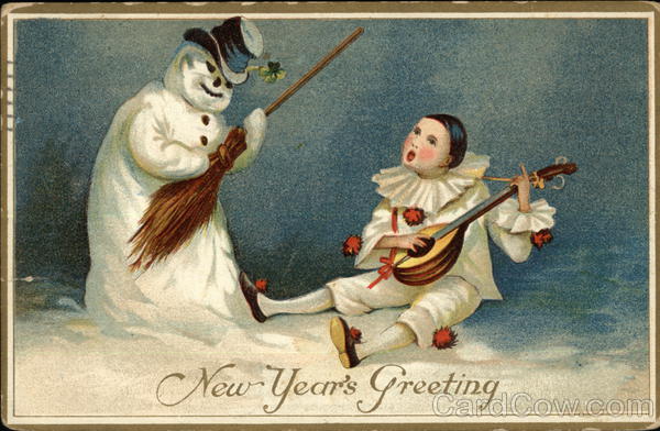 Snowman and Man Playing Lute Snowmen Postcard