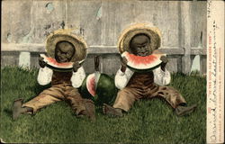 Small Black Children Eating Watermelon Postcard