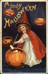 A Jolly Halloween Girl in costume, Pumpkins Postcard