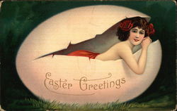 Woman in Easter Egg - Easter Greetings Postcard