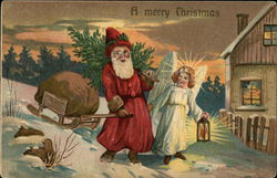 Santa with Sleigh and Angel with Lamp Angels Postcard Postcard Postcard