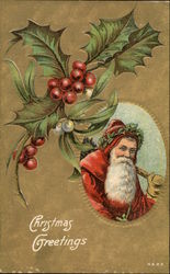 Christmas Greetings With Santa And Holly Branch Santa Claus Postcard Postcard Postcard