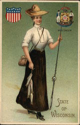 State of Wisconsin. Girl Holding Fish and Rod Postcard