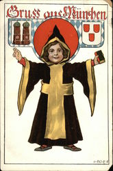 German Language Greetings from Munchen Boy with Friar's Robe Postcard