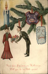 Man offering flowers to woman under tree with ornaments Postcard