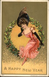 A Happy New Year: Wreath with a Woman Wearing a Hat Beautiful Ladies Postcard Postcard Postcard