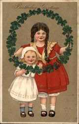 Two Children Holding Wreath of Clover Postcard