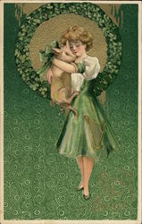 Girl with Green Dress and Pig Irish Postcard Postcard Postcard