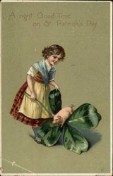 Girl with Pig on a Clover Postcard