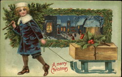 Boy Pulling Sled, Village Scene Postcard