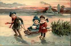 Merry Christmas - Children with Sled Postcard Postcard Postcard