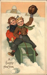 Children Sledding Down Hill Postcard Postcard Postcard