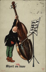 Man Playing Oversized Bass with Difficulty Music Postcard Postcard Postcard