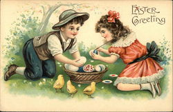 Boy and Girl Painting Easter Eggs With Children Postcard Postcard Postcard