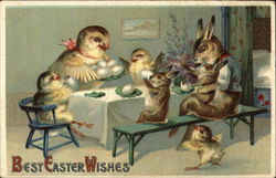 Rabbit and Chick Family at Table Eating Eggs With Chicks Postcard Postcard Postcard