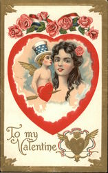 Patriotic Cupid with Woman in Heart Postcard Postcard Postcard