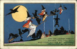 Witches Flying on Broomsticks with Black Cats, Full Moon Halloween Postcard Postcard Postcard