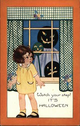 Child Looking out Window at Jack-O-Lanterns Halloween Postcard Postcard Postcard