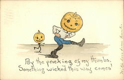 Rare Dancing Pumpkin Stick-Figure and Man Dressed as Pumpkin Halloween Postcard Postcard Postcard