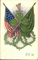 American Flag and Irish Flag Together with Clover Leaf Postcard