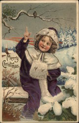 Merry Christmas, Child in Purple Robe Sitting on Bench. Postcard