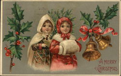 Two Girls Dressed for Winter, Holly, Bells Children Postcard Postcard Postcard