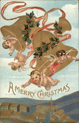 A Merry Christmas - Cherubs and Bell Postcard Postcard Postcard