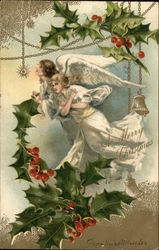 A Merry Christmas - Two white angles surrounded by holly Angels Postcard Postcard Postcard