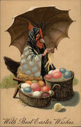 Rooster Knitting Under Umbrella with Baskets of Easter Eggs Postcard