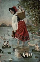 Young Lady Wading with Babies in Basket and Lillypads Postcard