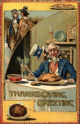 Uncle Sam eating Turkey, Pilgrims Postcard