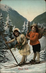 Two Children on Skis atop Mountain Swedish Postcard Postcard Postcard