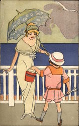 Hydegrade Art Deco Woman with Child at Boardwalk Postcard