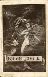 Man Drinking from Pond. Lips to Mermaid Postcard