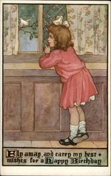 Little Girl Watching Bird Out Window Birthday Postcard Postcard Postcard