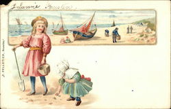 Two Girls Playing at the Seaside Children Postcard Postcard Postcard