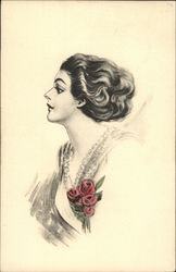 Sketch of Woman with Red Roses Women Postcard Postcard Postcard